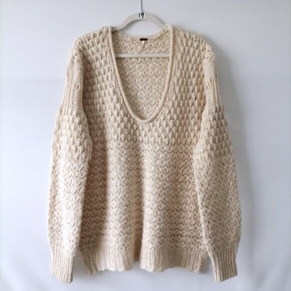 Free People Sweaters - Free People Beige Womens Balloon Sleeve Crotchet Chunky Knit Sweater Size S